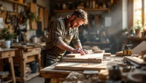 Menuisier coupe parquet stratifié avec guillotine professionnelle