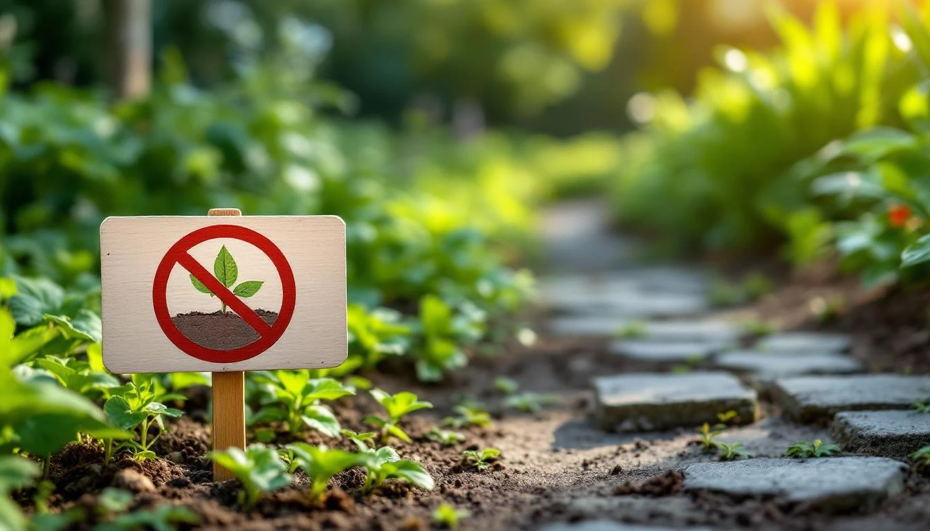 Un jardin sain et écologique avec des outils de jardinage manuels et du paillage organique, illustrant les alternatives naturelles au désherbage chimique.
