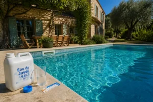 Piscine 50 m3 traitée javel claire bleue, bidon dosage et tests pH chlore visibles