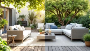 Comparaison durée de vie textilène : salon jardin neuf vs usé après années exposition