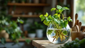 Bouture de vigne enracinée dans l'eau dans un bocal en verre, méthode simple pour débutants
