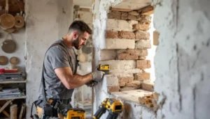 Chantier jambage ouverture mur en pierre avec outils et maçon au travail