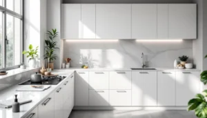 Meuble repeint en blanc laqué brillant dans cuisine moderne