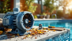 Pompe piscine en panne démontée pour diagnostic turbine et nettoyage préfiltre