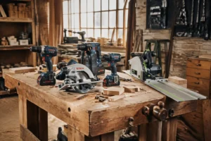 Établi de menuisier professionnel avec outillage électroportatif de marques pro Makita Bosch DeWalt