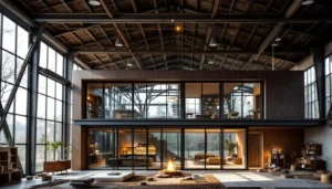 Interior of a warehouse undergoing renovation into a residential home, showcasing wooden mezzanine and natural lighting.