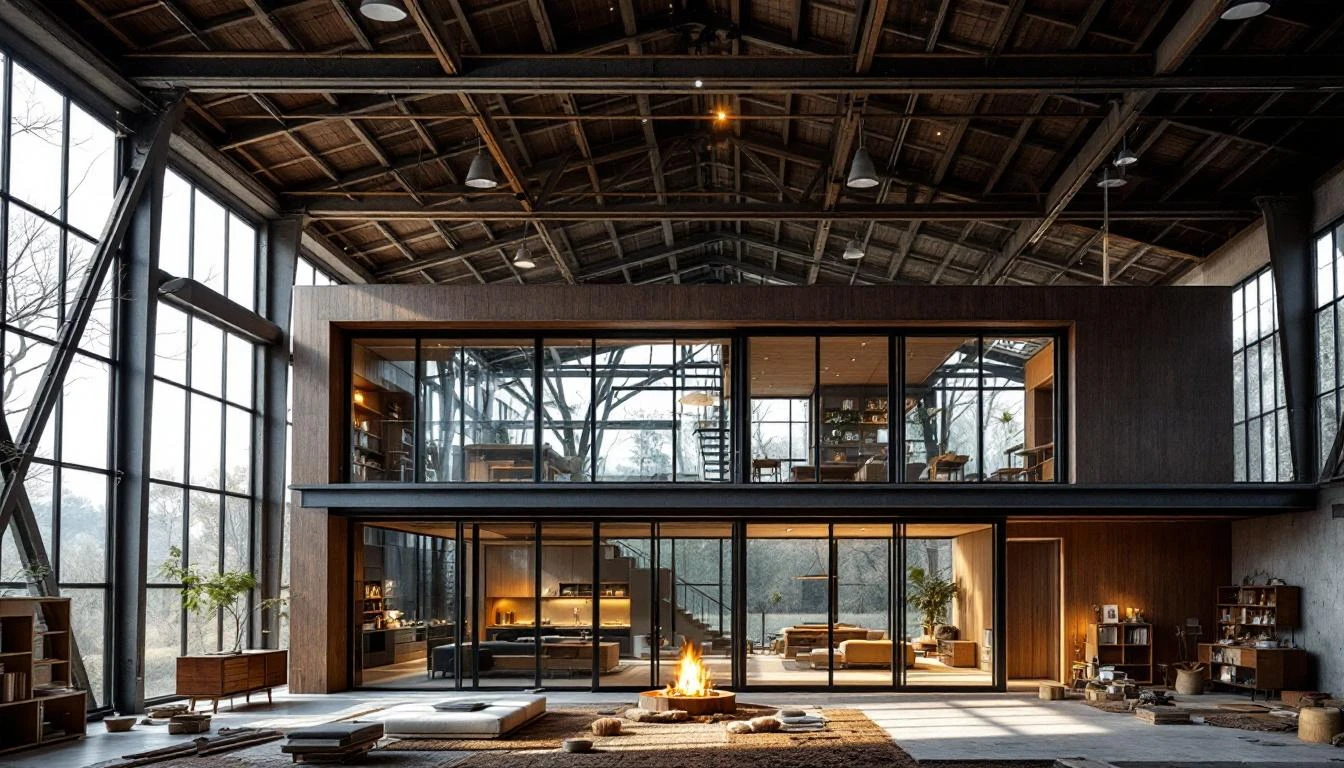 Interior of a warehouse undergoing renovation into a residential home, showcasing wooden mezzanine and natural lighting.