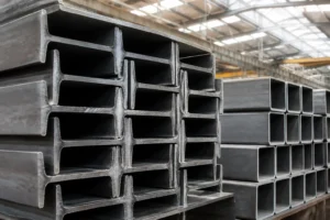 Profilés et tubes en acier S235 empilés dans un entrepôt métallique industriel