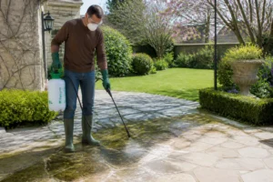 Application du J.Net Gros Travaux au pulvérisateur sur une terrasse en pierre encrassée par les algues et mousses