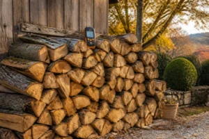 Pile de bûches de chêne fendues et empilées dans un jardin rural en automne, lumière dorée