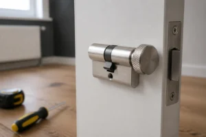 Cylindre à bouton moleté en inox brossé monté sur une porte blanche intérieure en cours de rénovation