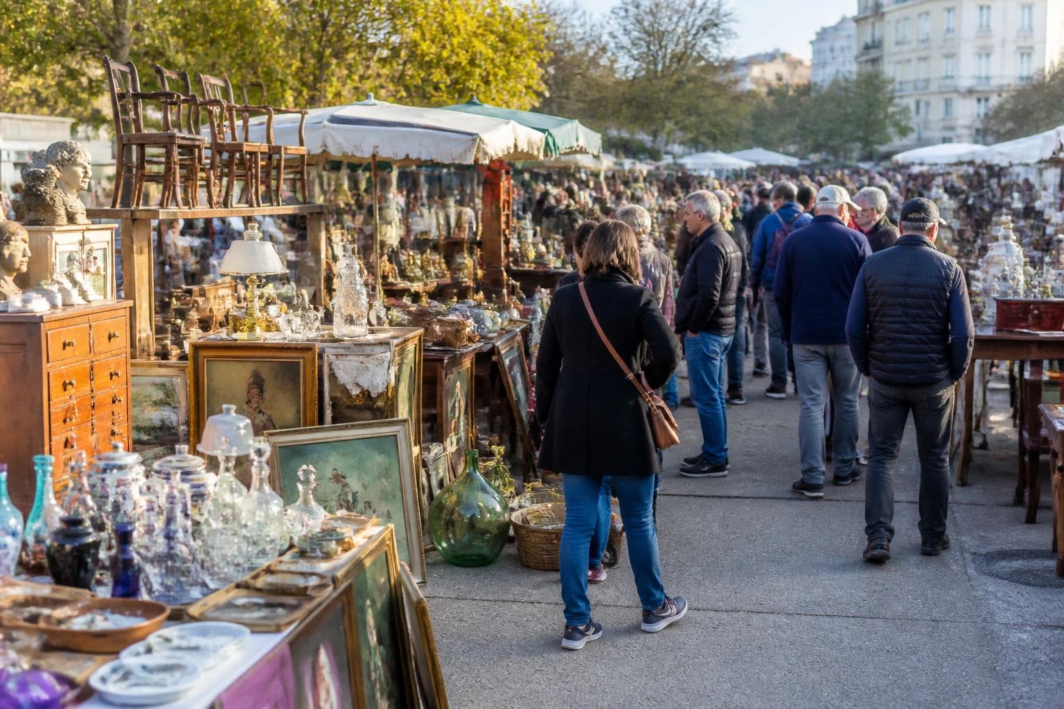 Vue aérienne d'une brocante en plein air avec des dizaines de stands et des chineurs le dimanche matin