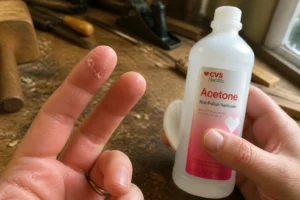 Mains avec de la super glue séchée sur les doigts et un dissolvant à ongles posé sur un établi de menuisier
