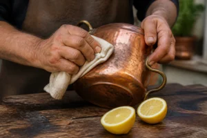 Mains polissant un vieux pot en cuivre terni avec un chiffon doux et du citron sur un établi en bois