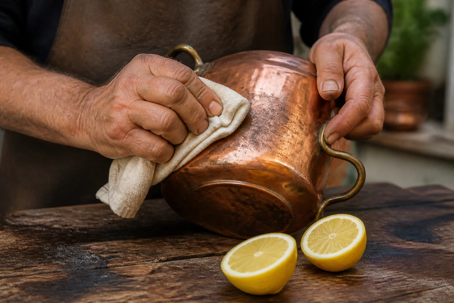 Mains polissant un vieux pot en cuivre terni avec un chiffon doux et du citron sur un établi en bois