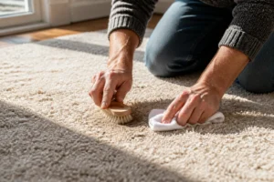 Nettoyage d'un tapis en laine beige avec une brosse douce et un chiffon blanc, lumière naturelle