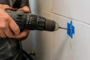 Menuisier perçant du carrelage blanc avec une perceuse à variateur, ruban de masquage en place