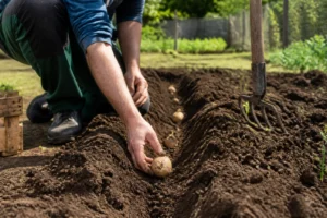 Plantation de pommes de terre dans un sillon de terre meuble, tubercule avec germes vers le haut