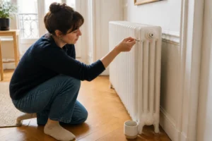 Main insérant une clé de purge dans la vanne d'un radiateur blanc, eau marron s'écoulant dans un verre en céramique