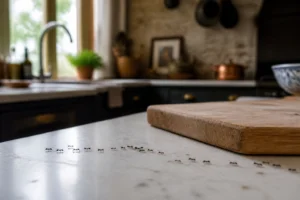 File de fourmis noires sur un plan de travail de cuisine en bois, lumière naturelle