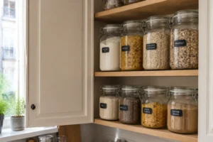Placard de cuisine organisé avec des bocaux hermétiques en verre contenant farine et pâtes pour prévenir les mites alimentaires
