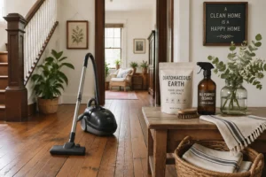 Expert artisan cleaning floorboards to remove fleas in a traditional wooden house.