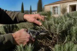 Taille d'un pied de lavande avec un sécateur dans un jardin ensoleillé au printemps