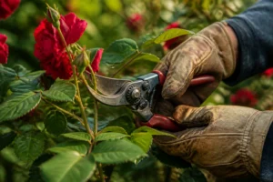 Mains gantées taillant un rosier buisson avec un sécateur bypass, coupe en biseau à 5 mm au-dessus d'un bourgeon extérieur
