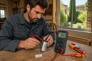Menuisier testant condensateur avec multimètre sur chantier rénovation