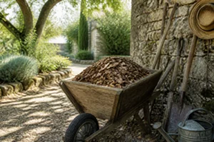 Brouette remplie de copeaux de bois frais dans un jardin de campagne ensoleillé