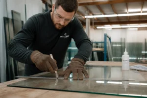 Verrier professionnel traçant un trait de coupe sur une plaque de verre recuit avec un coupe-verre diamant