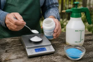 Dosage de bouillie bordelaise en poudre sur une balance de cuisine, à côté d'un pulvérisateur d'un litre
