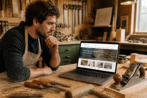 Artisan menuisier consultant un site de bricolage en ligne dans un atelier en bois bien éclairé