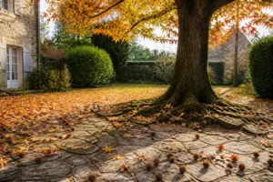 Liquidambar adulte en automne avec fruits épineux et feuilles au sol, racines soulevant le dallage