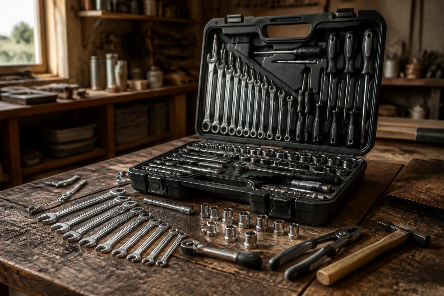 Coffret d'outils Magnusson 122 pièces ouvert sur un établi en bois avec clés à pipe, douilles et cliquet chromé-vanadium disposés soigneusement