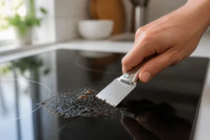 Main tenant un grattoir plat à 45 degrés sur une plaque vitrocéramique noire pour enlever une brûlure incrustée