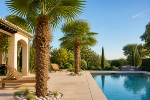 Deux palmiers Trachycarpus fortunei plantés en bordure d'une piscine méditerranéenne avec margelle en pierre et eau bleue