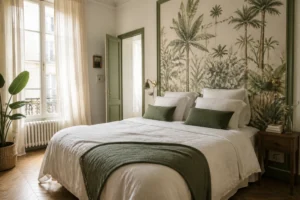 Chambre avec papier peint botanique en tête de lit derrière un lit double blanc aux draps en lin naturel
