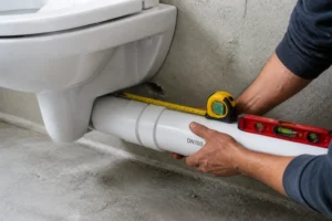 Pose d'un tuyau d'évacuation PVC DN100 sous un WC suspendu avec niveau à bulle sur chantier