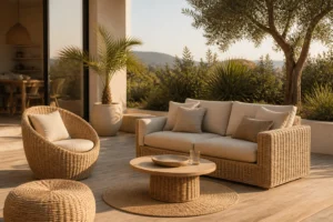 Salon de jardin en rattan naturel sur terrasse en bois avec coussins beige, lumière dorée méditerranéenne