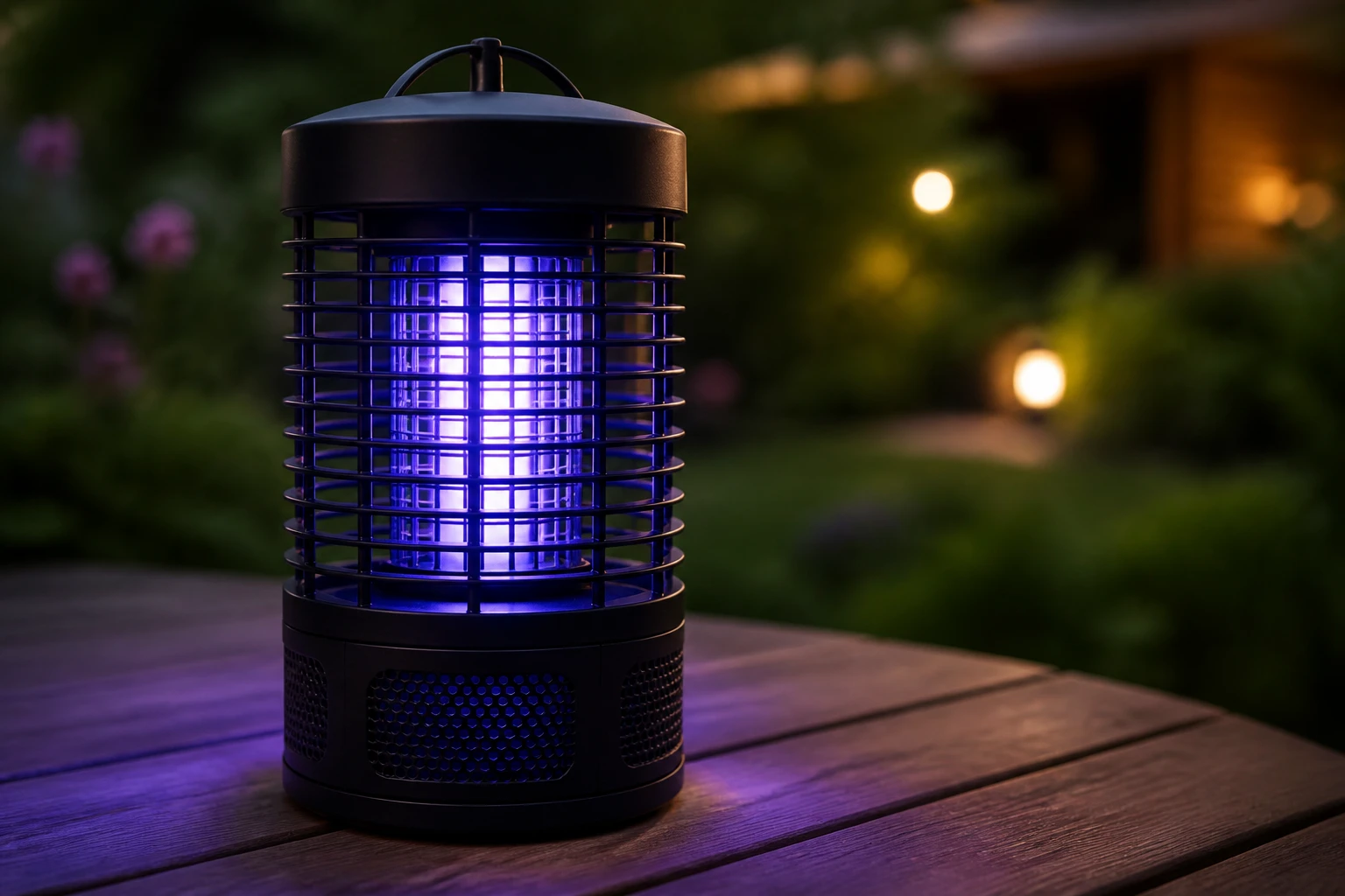 Piège à moustique électrique avec lumière UV posé sur une table de jardin en bois au crépuscule