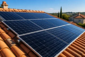 Panneaux photovoltaïques monocristallins installés sur une toiture en tuiles dans le sud de la France