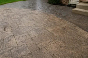 Terrasse en béton imprimé fissuré avec vernis terne et variations de couleur visibles