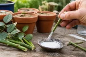 Bouturage de rosier sur établi en bois, tiges coupées en biais et poudre d'hormone de bouturage