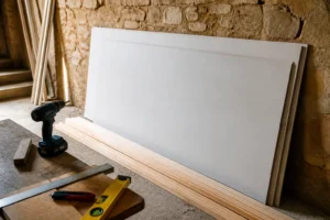 Plaques de plâtre BA13 et tasseaux bois préparés pour un coffrage placo sans rail en atelier