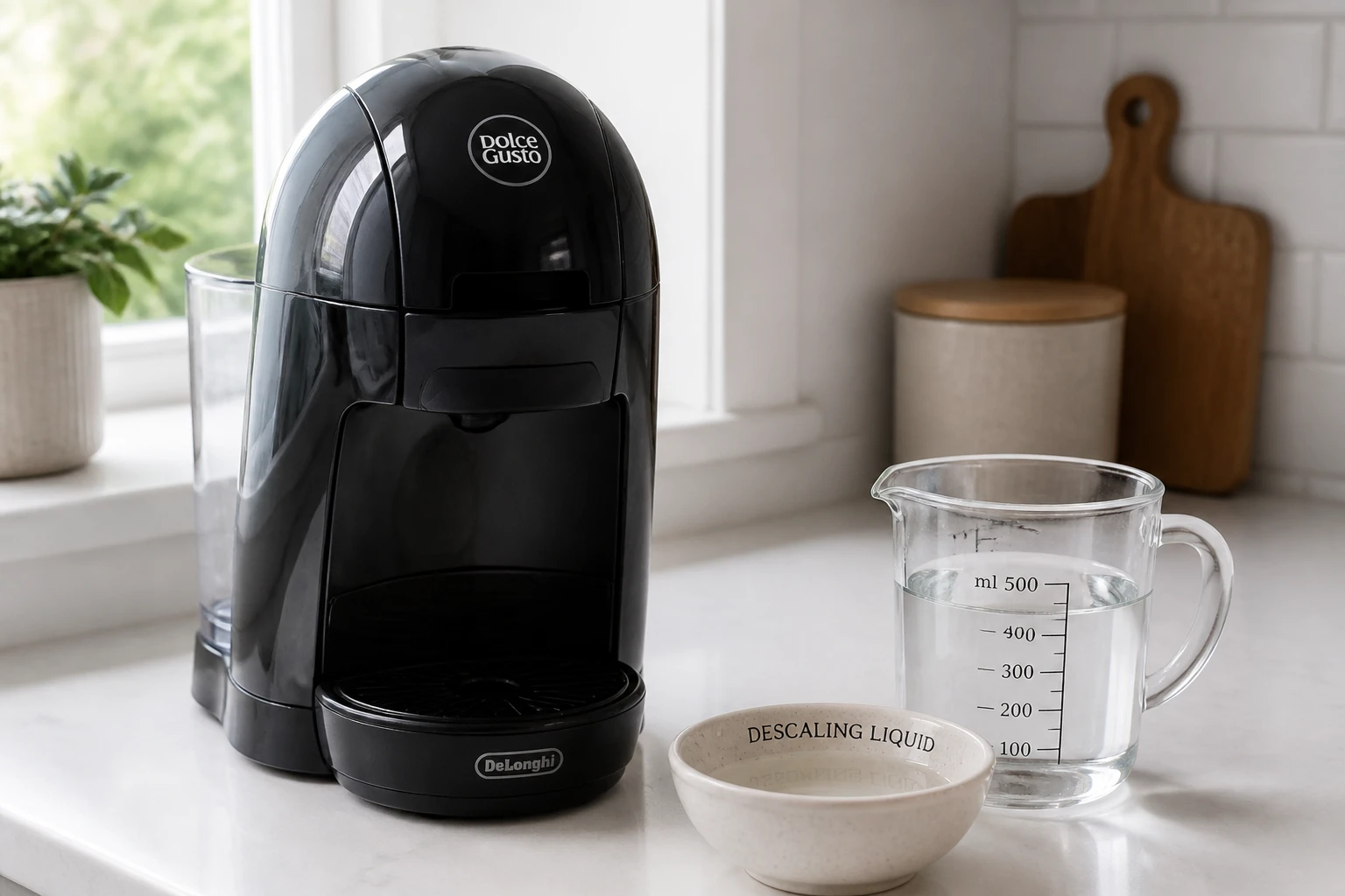 Machine Dolce Gusto posée sur un plan de travail avec produit détartrant et récipient d'eau prêts à l'emploi
