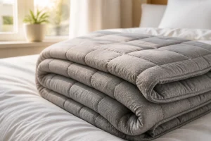 Couverture lestée posée sur un lit blanc, détail des billes réparties sous le tissu en coton naturel