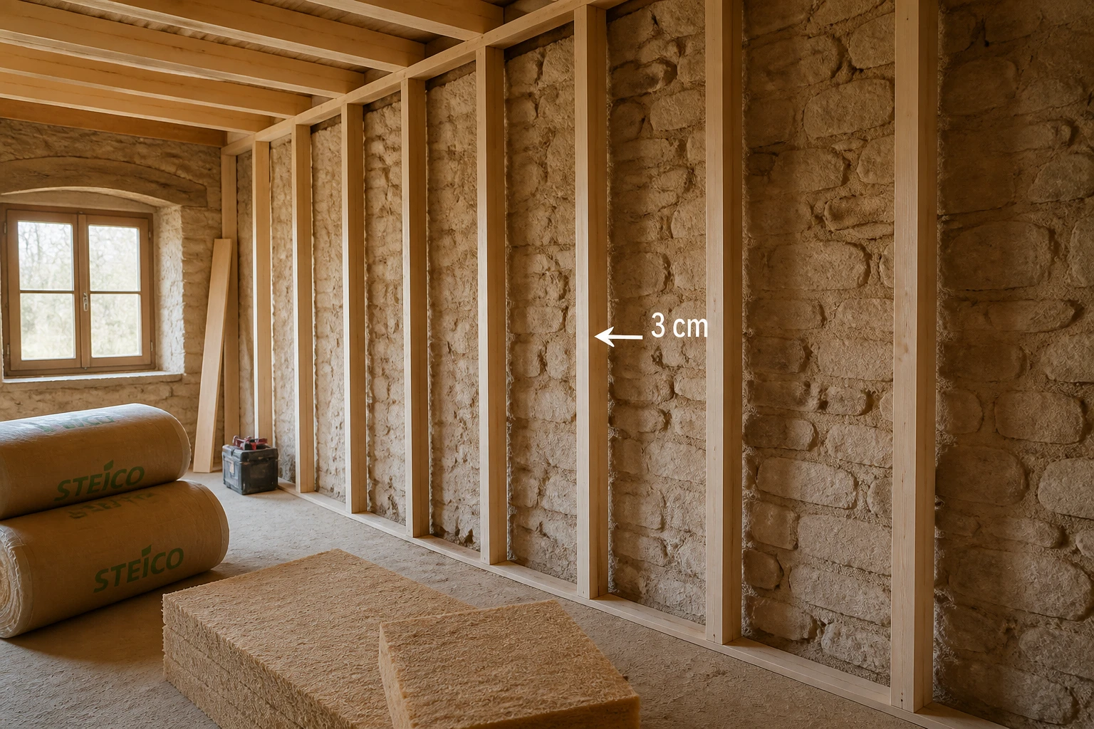 Rénovation intérieure d'un mur en pierre ancienne avec ossature bois et lame d'air avant pose isolant