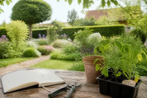 Carnet de jardinage ouvert sur une table en bois avec sécateur et jeunes plants au printemps