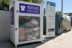 Benne textile dans une déchetterie municipale française avec des sacs de vêtements déposés proprement